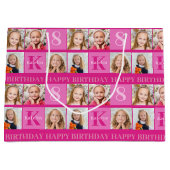 ホットピンク誕生日ガールフォトコラージュパーソナライズされた ラージペーパーバッグ (正面)