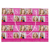 ホットピンク誕生日ガールフォトコラージュパーソナライズされた ラージペーパーバッグ (裏面)