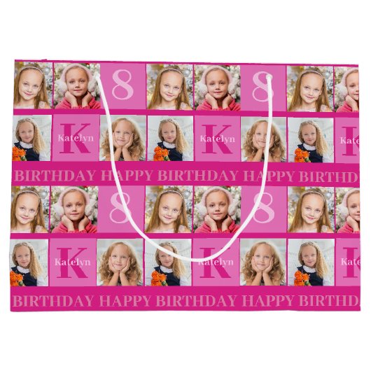 ホットピンク誕生日ガールフォトコラージュパーソナライズされた ラージペーパーバッグ (裏面)