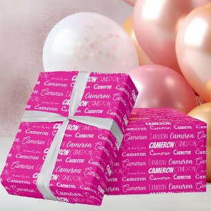 ホットピンク誕生日トレンディーパーソナライズされた名 ラッピングペーパー