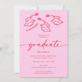 ホットピンク赤の手描きスクライブル帽子の卒業 招待状 (正面)