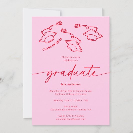 ホットピンク赤の手描きスクライブル帽子の卒業 招待状 (正面)
