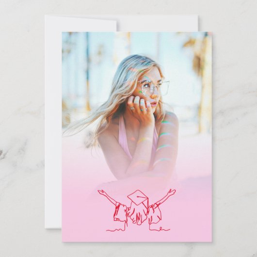 ホットピンク赤の手描きスクライブル帽子の卒業 招待状 (裏面)