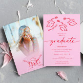 ホットピンク赤の手描きスクライブル帽子の卒業 招待状