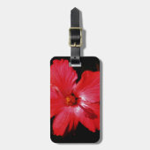 ホットピンク赤ハイビスカスフラワーオンブラック ラゲッジタグ (正面縦)