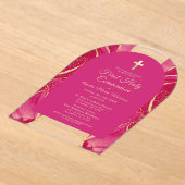 ホットピンク金ゴールドアゲート最初の聖餐式 アクリル招待状 (レイダウン)