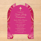 ホットピンク金ゴールドアゲート最初の聖餐式 アクリル招待状 (正面)