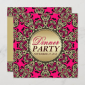 ホットピンク金ゴールドエキゾチック装飾ディナーパーティー 招待状 (正面/裏面)