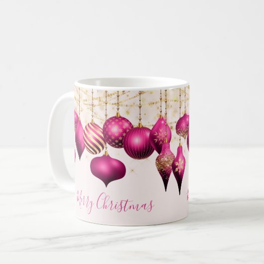 ホットピンク金ゴールドオーナメントメリークリスマス コーヒーマグカップ (正面左)