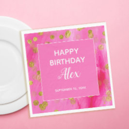 ホットピンク金ゴールドグリッターサプライズ誕生日パーティー スタンダードランチョンナプキン