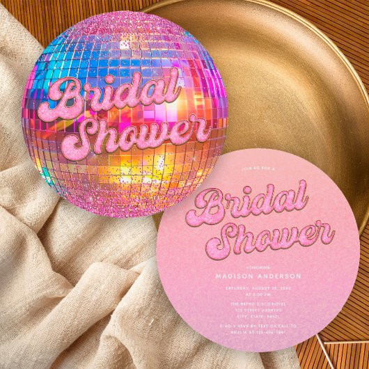 ホットピンク金ゴールドグリッターディスコボールブライダルシャワー 招待状