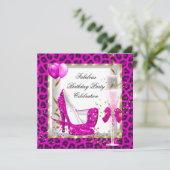 ホットピンク金ゴールドグリッターハイヒール誕生日パーティー 招待状 (スタンド正面)