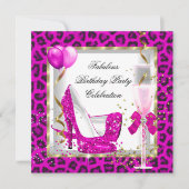 ホットピンク金ゴールドグリッターハイヒール誕生日パーティー 招待状 (正面)
