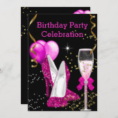 ホットピンク金ゴールドグリッターバルーン誕生日パーティー 招待状 (正面/裏面)