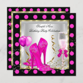 ホットピンク金ゴールドグリッターホワイトスポットバースデーパーティー 招待状 (正面/裏面)