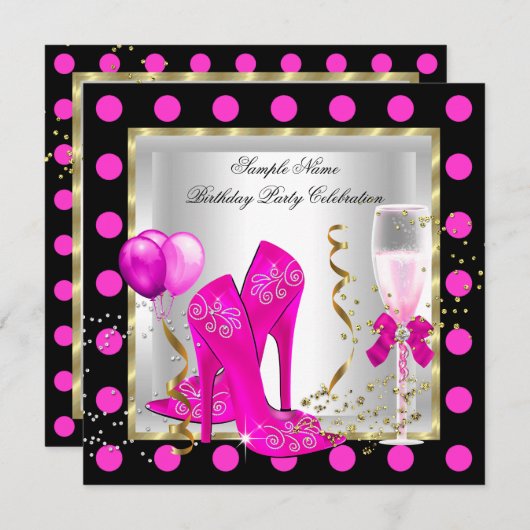 ホットピンク金ゴールドグリッターホワイトスポットバースデーパーティー 招待状 (正面/裏面)