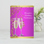 ホットピンク金ゴールドシャンパンバースデーパーティー 招待状 (スタンド正面)
