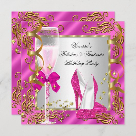 ホットピンク金ゴールドシルバーウィメンズバースデーパーティー 招待状 (正面/裏面)