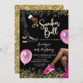 ホットピンク金ゴールドスニーカーボールスウィート16誕生日 招待状 (正面/裏面)