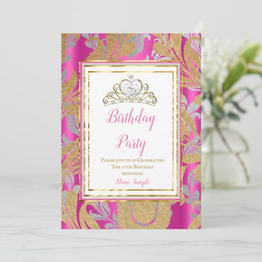 ホットピンク金ゴールドダマスクグレーティアラ誕生日パーティー 招待状 (スタンド正面)