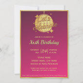 ホットピンク金ゴールドディスコボール誕生日パーティー 招待状 (正面)