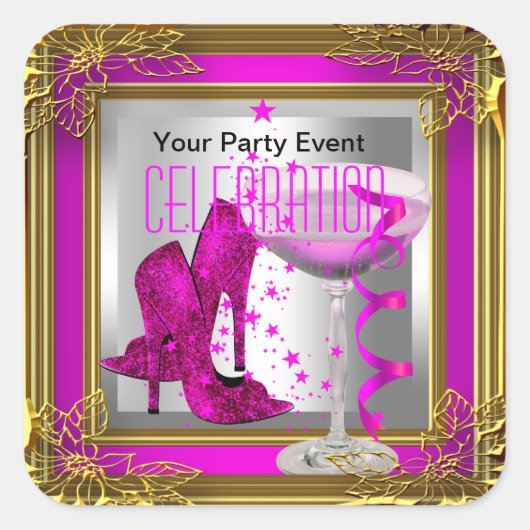 ホットピンク金ゴールドハイヒールシューズシャンパン スクエアシール (正面)