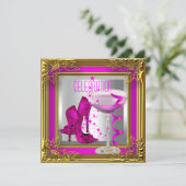 ホットピンク金ゴールドハイヒールシューズシャンパン 招待状 (スタンド正面)