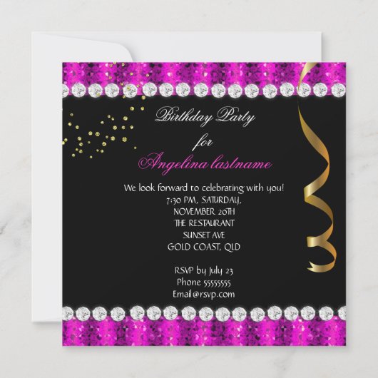 ホットピンク金ゴールドヒールグリッターグラマーパーティーナイト 招待状 (裏面)