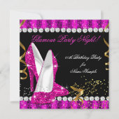 ホットピンク金ゴールドヒールグリッターグラマーパーティーナイト 招待状 (正面)
