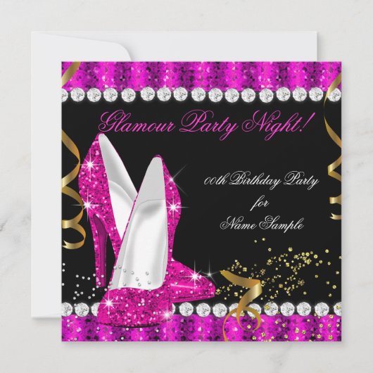 ホットピンク金ゴールドヒールグリッターグラマーパーティーナイト 招待状 (正面)