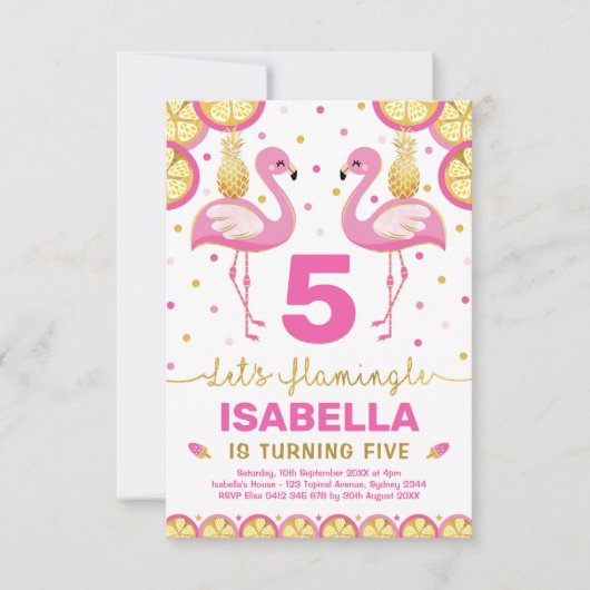 ホットピンク金ゴールドフラミンゴトロピカルサマー誕生日 招待状 (正面)
