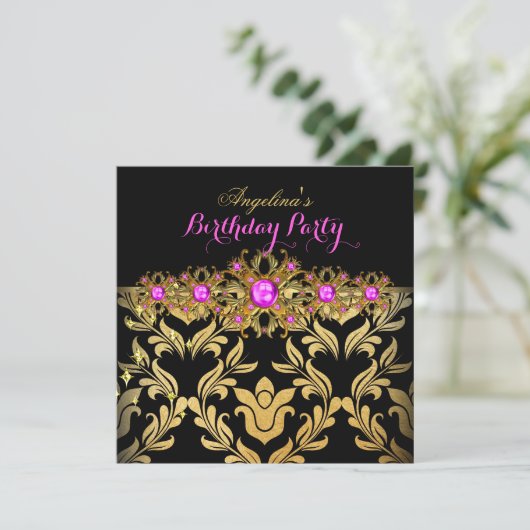 ホットピンク金ゴールドブラックダマスク誕生日パーティー2 招待状 (スタンド正面)