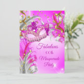 ホットピンク金ゴールドマスカレードパーティー素晴らしい誕生日 招待状 (スタンド正面)