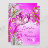 ホットピンク金ゴールドマスカレードパーティー素晴らしい誕生日 招待状 (正面/裏面)