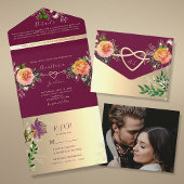 ホットピンク金ゴールド結婚フローラ オールインワン招待状