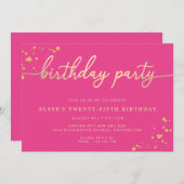 ホットピンク金ゴールド誕生日パーティーの招待 招待状 (正面/裏面)