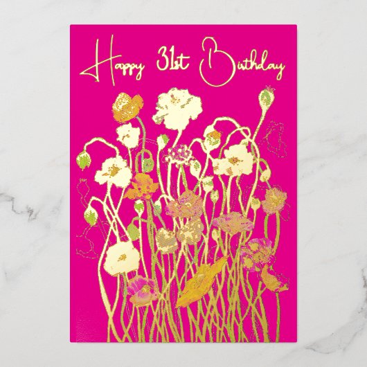 ホットピンク金ゴールド野生のポピー水色の熟成誕生日 箔シーズンカード (正面)