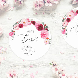 ホットピンク鮮やかフローラ女の子の赤ちゃんシャワー ラウンドペーパーコースター