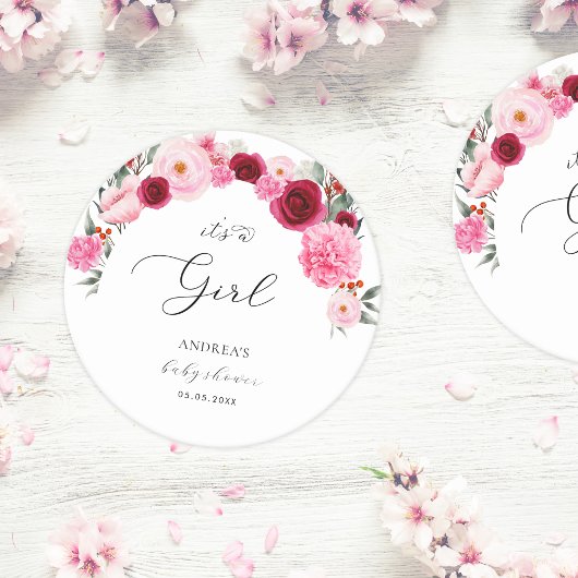 ホットピンク鮮やかフローラ女の子の赤ちゃんシャワー ラウンドペーパーコースター