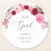 ホットピンク鮮やかフローラ女の子の赤ちゃんシャワー ラウンドペーパーコースター (正面)