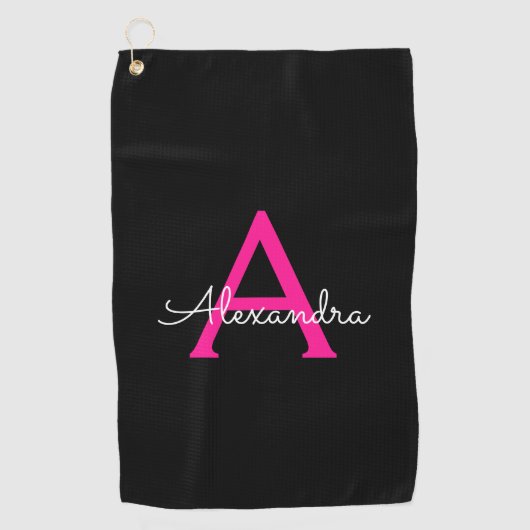 ホットピンク黒のスクリプトガーリーモノグラム名 ゴルフタオル (正面)