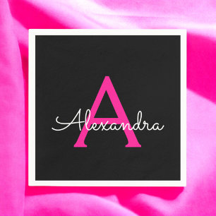 ホットピンク黒のスクリプトガーリーモノグラム名 スタンダードカクテルナプキン