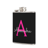 ホットピンク黒のスクリプトガーリーモノグラム名 フラスク (左)