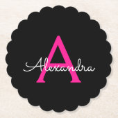 ホットピンク黒のスクリプトガーリーモノグラム名 ペーパーコースター (正面)