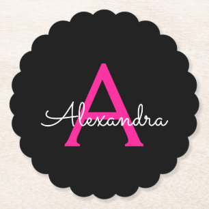 ホットピンク黒のスクリプトガーリーモノグラム名 ペーパーコースター