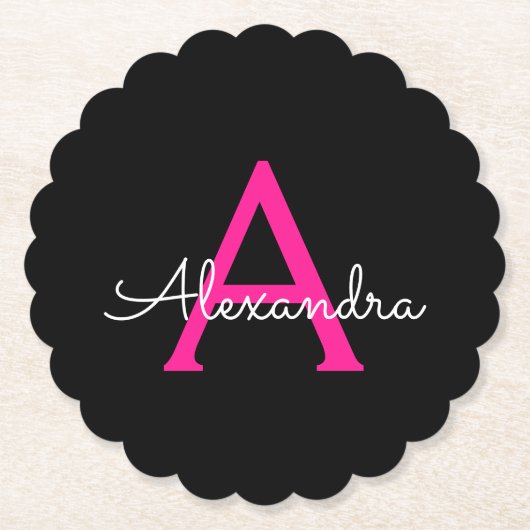 ホットピンク黒のスクリプトガーリーモノグラム名 ペーパーコースター (正面)