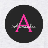 ホットピンク黒のスクリプトガーリーモノグラム名 ラベル (デザイン2)