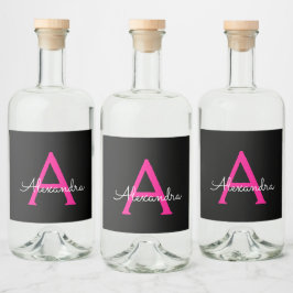 ホットピンク黒のスクリプトガーリーモノグラム名 リキュールボトルラベル