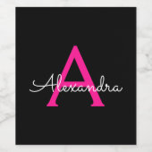 ホットピンク黒のスクリプトガーリーモノグラム名 ワインラベル (シングルラベル)