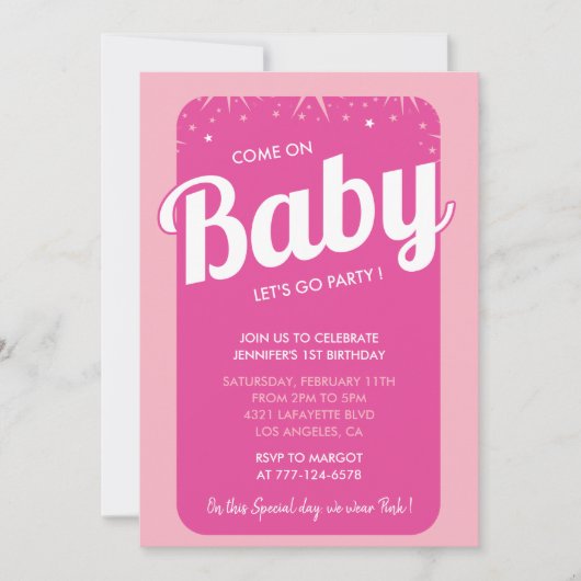ホットピンク1歳招待状かわいい女の子 招待状 (正面)